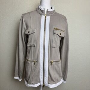 DG2 Diane Gilman Size S Women's Jacket Taupe White Trim Gold Zippers Knit Pocket